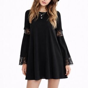 For Love & Lemons Black Lace Bell Sleeve Mini Dress Festival Boho Small NWT